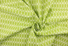 Load image into Gallery viewer, This contemporary design features interlocking white circles set against a lime green background. 
