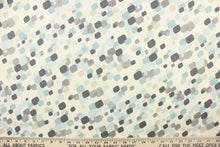 Load image into Gallery viewer, This fabric features a fun geometric design in shades of blue, gray and tan on a off white background.

