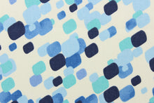 Load image into Gallery viewer, This fabric features a fun geometric design in shades of blue on a off white background.
