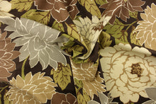 Load image into Gallery viewer,  This fabric features a large floral print design in shades of brown, gray, green and cream. 
