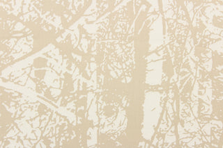 This fabric features an abstract design in beige on a white background. 