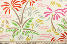 Load image into Gallery viewer, Add a little beach theme to your home decor with this palm tree and waves design.  It is soil and stain repellant and would be perfect for window treatments (draperies, valances, curtains and swags), toss pillows, duvet covers, and upholstery projects. Colors include pink, orange, yellow, green, brown, gray and white.
