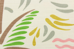 Add a little beach theme to your home decor with this palm tree and waves design.  It is soil and stain repellant and would be perfect for window treatments (draperies, valances, curtains and swags), toss pillows, duvet covers, and upholstery projects. Colors include pink, orange, yellow, green, brown, gray and white.