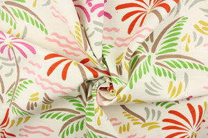 Add a little beach theme to your home decor with this palm tree and waves design.  It is soil and stain repellant and would be perfect for window treatments (draperies, valances, curtains and swags), toss pillows, duvet covers, and upholstery projects. Colors include pink, orange, yellow, green, brown, gray and white.