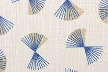 Load image into Gallery viewer,  This fabric features an open fan design in blue and tan on a ivory background.  
