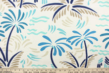 Load image into Gallery viewer, Add a little beach theme to your home decor with this palm tree and waves design.  It is soil and stain repellant and would be perfect for window treatments (draperies, valances, curtains and swags), toss pillows, duvet covers, and upholstery projects. Colors include blue, brown, and white.  
