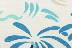 Add a little beach theme to your home decor with this palm tree and waves design.  It is soil and stain repellant and would be perfect for window treatments (draperies, valances, curtains and swags), toss pillows, duvet covers, and upholstery projects. Colors include blue, brown, and white.  