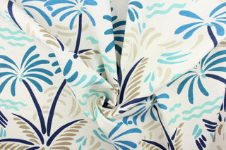 Add a little beach theme to your home decor with this palm tree and waves design.  It is soil and stain repellant and would be perfect for window treatments (draperies, valances, curtains and swags), toss pillows, duvet covers, and upholstery projects. Colors include blue, brown, and white.  