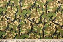 Load image into Gallery viewer, This fabric features a camo pattern in green, black, brown and beige.
