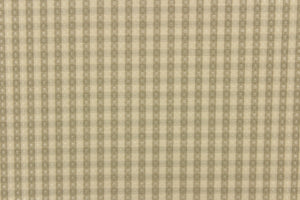 This yarn dye stripe fabric features a small plaid or checkered design in light khaki and taupe with hints of greens .
