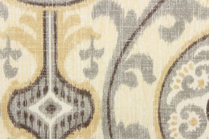 This fabric features a medallion print design that has an aged and distressed look. Colors include slate gray, tan, charcoal and off white.