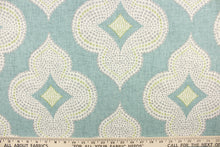 Load image into Gallery viewer,  This fabric features a fun geometric print design.  Colors include green, gray, white and turquoise.
