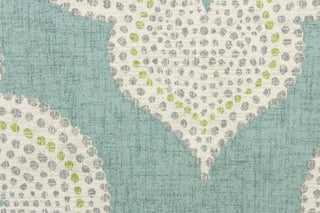 This fabric features a fun geometric print design. Colors include green, gray, white and turquoise.