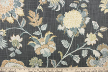 Load image into Gallery viewer, This fabric features a large print floral design on a gray background.  Colors include blue, navy, taupe, silver gold.
