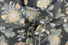 Load image into Gallery viewer, This fabric features a large print floral design on a gray background.  Colors include blue, navy, taupe, silver gold.
