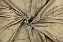 Load image into Gallery viewer, This beautiful jacquard fabric features an embroider floral design in a olive green tone. 
