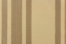 Load image into Gallery viewer, This fabric features a multi width stripe design in beige, and tan. 
