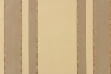 Load image into Gallery viewer, This fabric features a multi width stripe design in khaki, beige and bronze.
