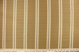 This rich woven yarn dyed fabric features bold multi width striped design gold, beige, and cream. 