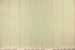 This rich woven yarn dyed fabric features bold multi width striped design in pale green, cream and khaki. 