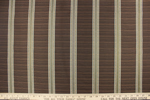 This rich woven yarn dyed fabric features bold multi width striped design in light blue, dark brown and copper. 