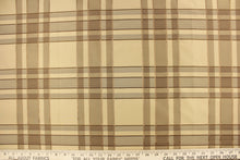 Load image into Gallery viewer, This fabric features a plaid design in beige, taupe, dark brown and gold.
