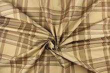 Load image into Gallery viewer, This fabric features a plaid design in beige, taupe, dark brown and gold.
