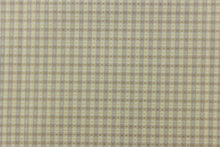 Load image into Gallery viewer, This yarn dye stripe fabric features a small plaid or checkered design in pale gray blue and beige.
