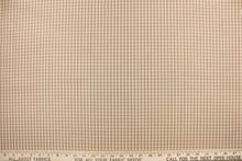 Load image into Gallery viewer, This yarn dye stripe fabric features a small plaid or checkered design in khaki and blush. 
