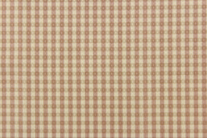 This yarn dye stripe fabric features a small plaid or checkered design in khaki and blush. 