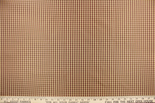 Load image into Gallery viewer, This yarn dye stripe fabric features a small plaid or checkered design in tan, burgundy and taupe.
