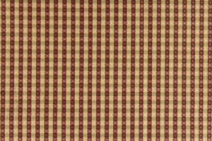 This yarn dye stripe fabric features a small plaid or checkered design in tan, burgundy and taupe.