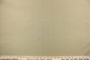  This yarn dye stripe fabric features a small plaid or checkered design in light khaki and pale green.