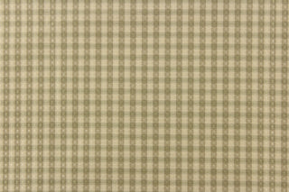  This yarn dye stripe fabric features a small plaid or checkered design in light khaki and pale green.
