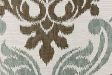 Load image into Gallery viewer, This fabric features a large medallion design in the colors of pistachio, brown and white and has a destressed look which enhances the design.  It has a soft drapable hand and would be ideal for swags, window scarves and drapery panels.

