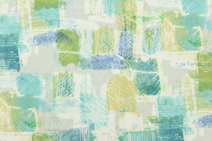 This fabric features an abstract design in greens, blues, white, and gray with hints of yellow . 