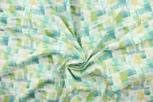 Load image into Gallery viewer, This fabric features an abstract design in greens, blues, white, and gray with hints of yellow . 
