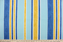 Load image into Gallery viewer, This outdoor fabric features a stripe design in blue, white, golden tan, and aqua. 
