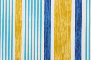 This outdoor fabric features a stripe design in blue, white, golden tan, and aqua. 