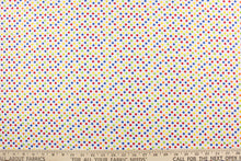 Load image into Gallery viewer, This fun colorful fabric features a polka dot design in red, green, orange, blue, and yellow against a white background.
