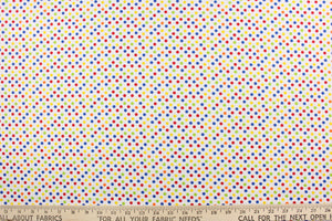 This fun colorful fabric features a polka dot design in red, green, orange, blue, and yellow against a white background.
