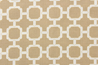This outdoor fabric features a geometric design in white and beige .