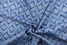 Load image into Gallery viewer, This outdoor fabric features a geometric design in white against a true blue.
