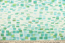 Load image into Gallery viewer, This fabric features a geometric design in beautiful shades of green and blues with white.
