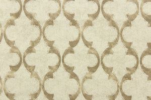 This fabric features a geometric design in beige and off white .