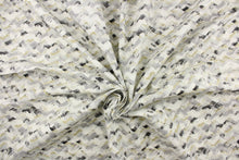 Load image into Gallery viewer, This fabric features a chevron design in light gray, black, white and a golden beige.
