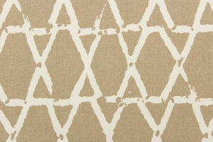 This fabric features a geometric design in white and beige.