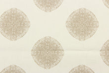 Load image into Gallery viewer, This fabric features a circle design in beige against a dull white. 
