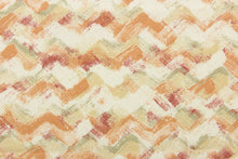 Load image into Gallery viewer, This fabric features a chevron design in orange, brick red, gray green, light beige, and dull white. 

