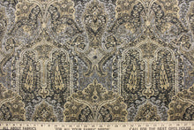 Load image into Gallery viewer, This fabric features a Persian rug design in tan, taupe, beige, gray, dark gray, and black.
